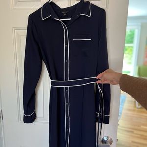 Ann Taylor navy shirt dress with bright white detailing